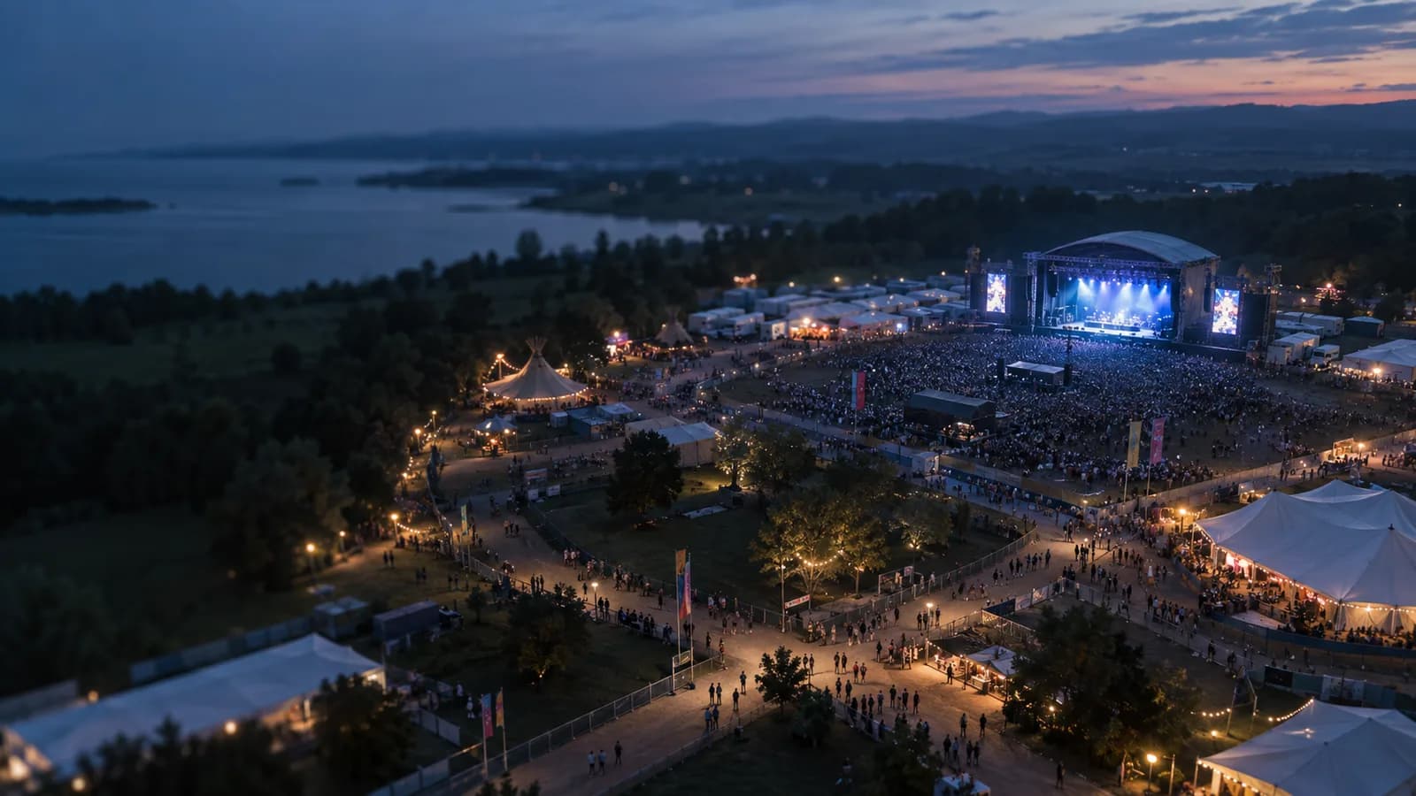 Teren festiwalowy z namiotami i sceną główną z lotu ptaka