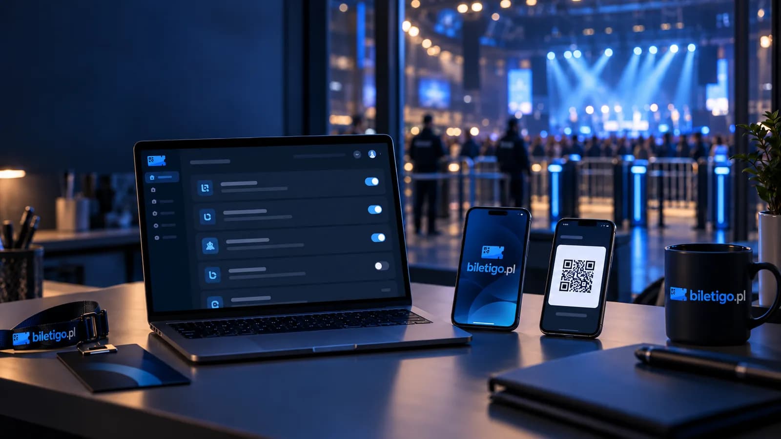 Laptop z panelem automatyzacji i włączonymi przełącznikami, obok dwa smartfony, jeden z kodem QR, a w tle oświetlona scena koncertowa i bramki wejściowe